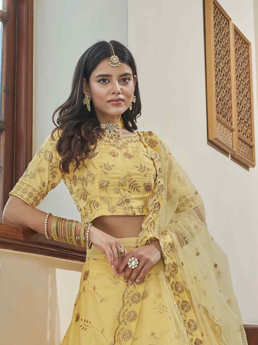 Light Yellow Art Silk Embroidered Festival Party Wear Heavy Border Lehenga Choli