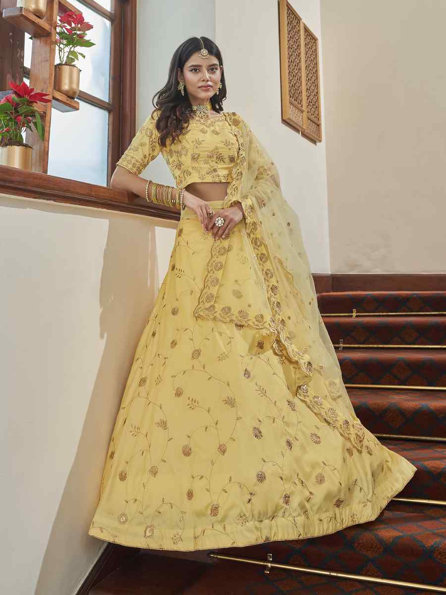 Light Yellow Art Silk Embroidered Festival Party Wear Heavy Border Lehenga Choli