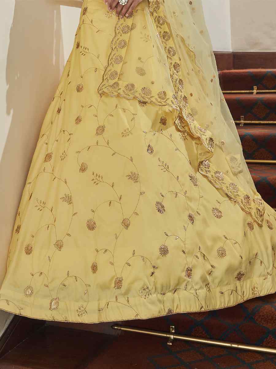 Light Yellow Art Silk Embroidered Festival Party Wear Heavy Border Lehenga Choli