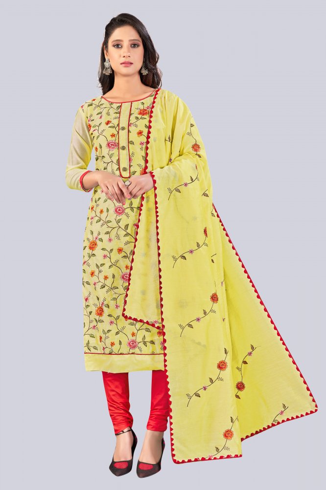 Light Yellow Chanderi Embroidered Festival Party Churidar Salwar Kameez