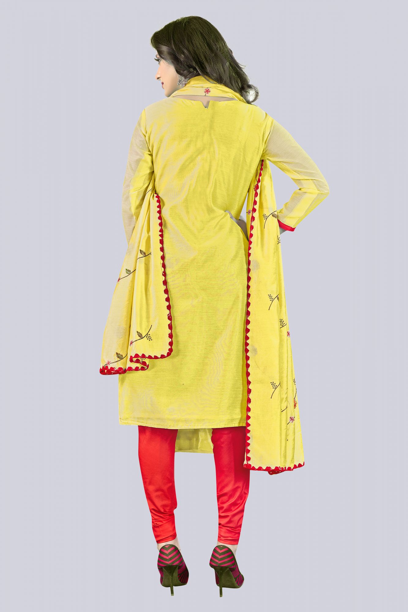 Light Yellow Chanderi Embroidered Festival Party Churidar Salwar Kameez