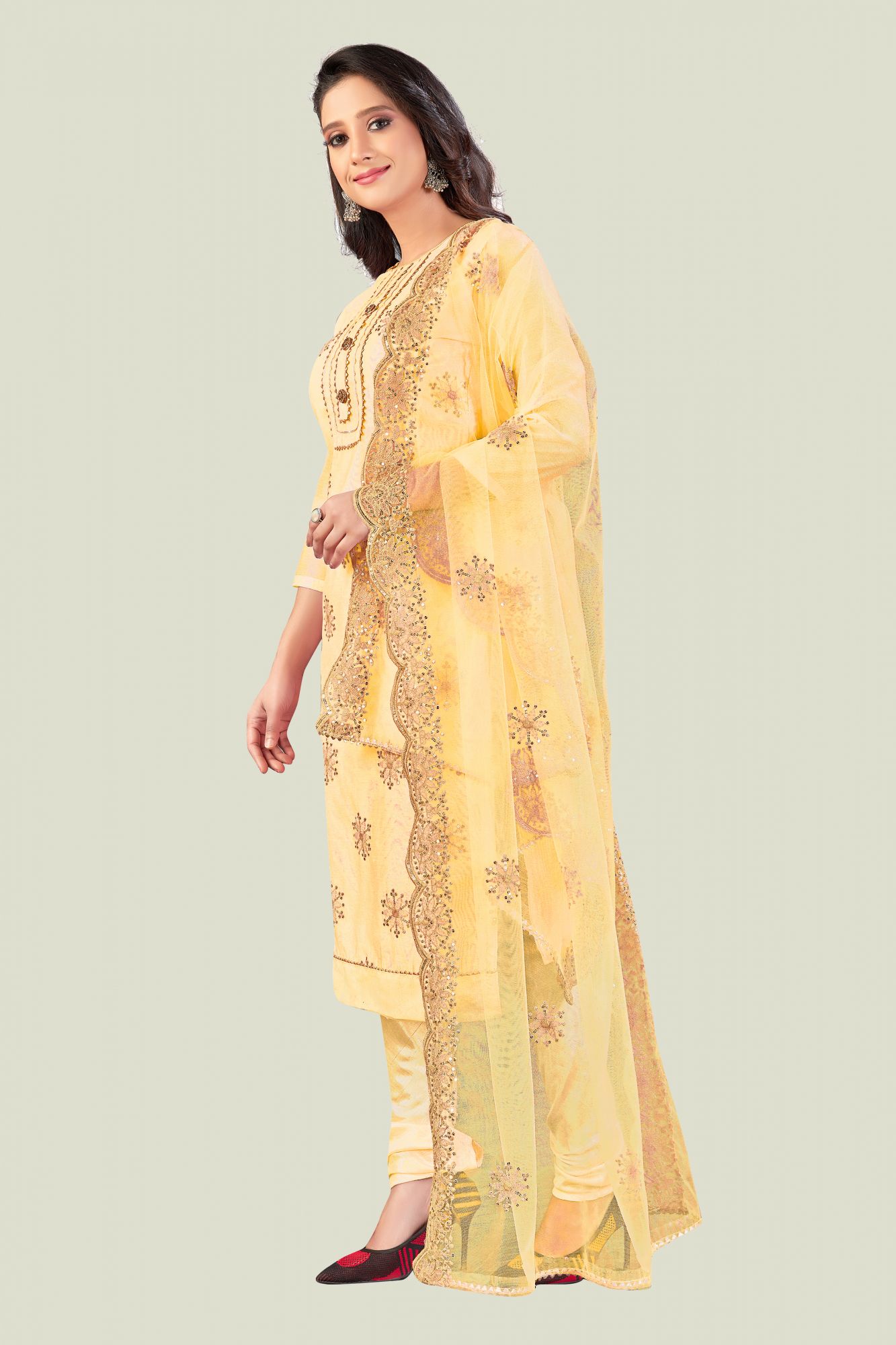 Light Yellow Chanderi Embroidered Sequins Festival Party Churidar Salwar Kameez