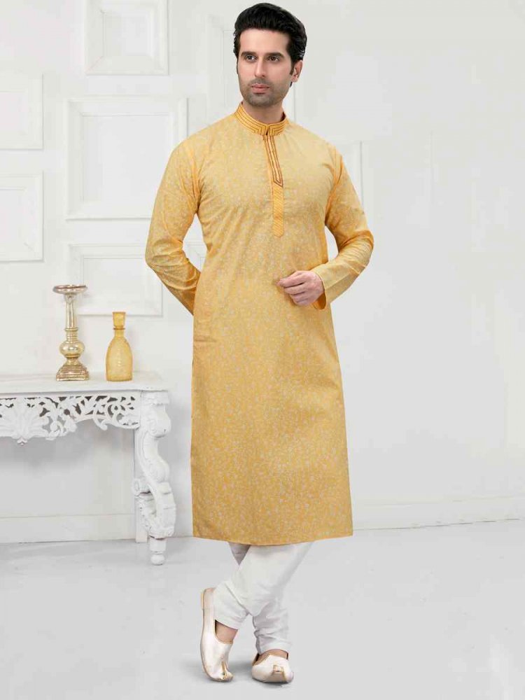 Light Yellow Cotton Woven Festival Wedding Kurta