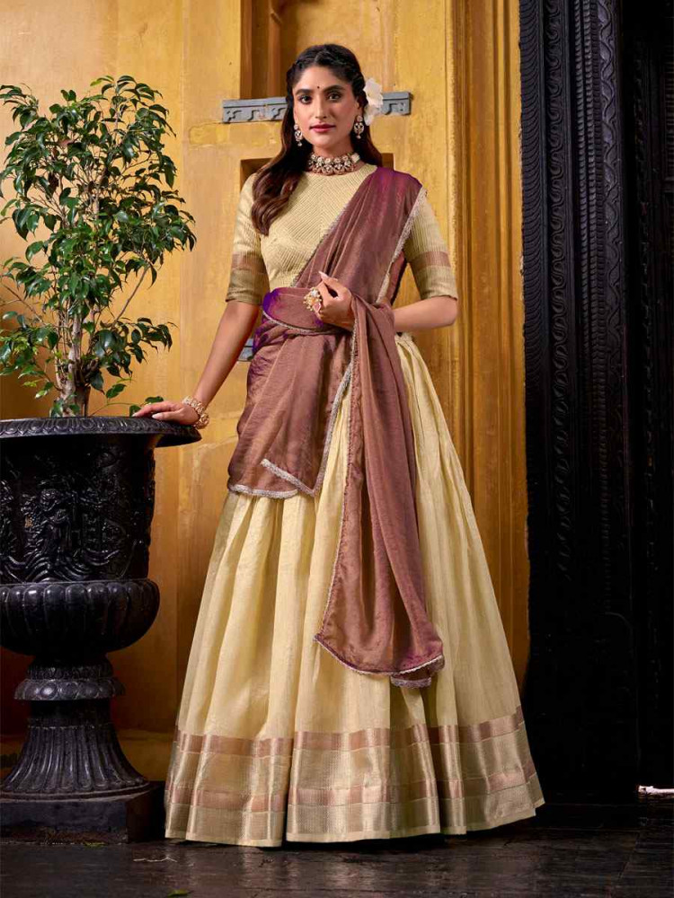 Image of Light Yellow Dhupion Silk Zari Wedding Reception Festival Heavy Border Lehenga Choli