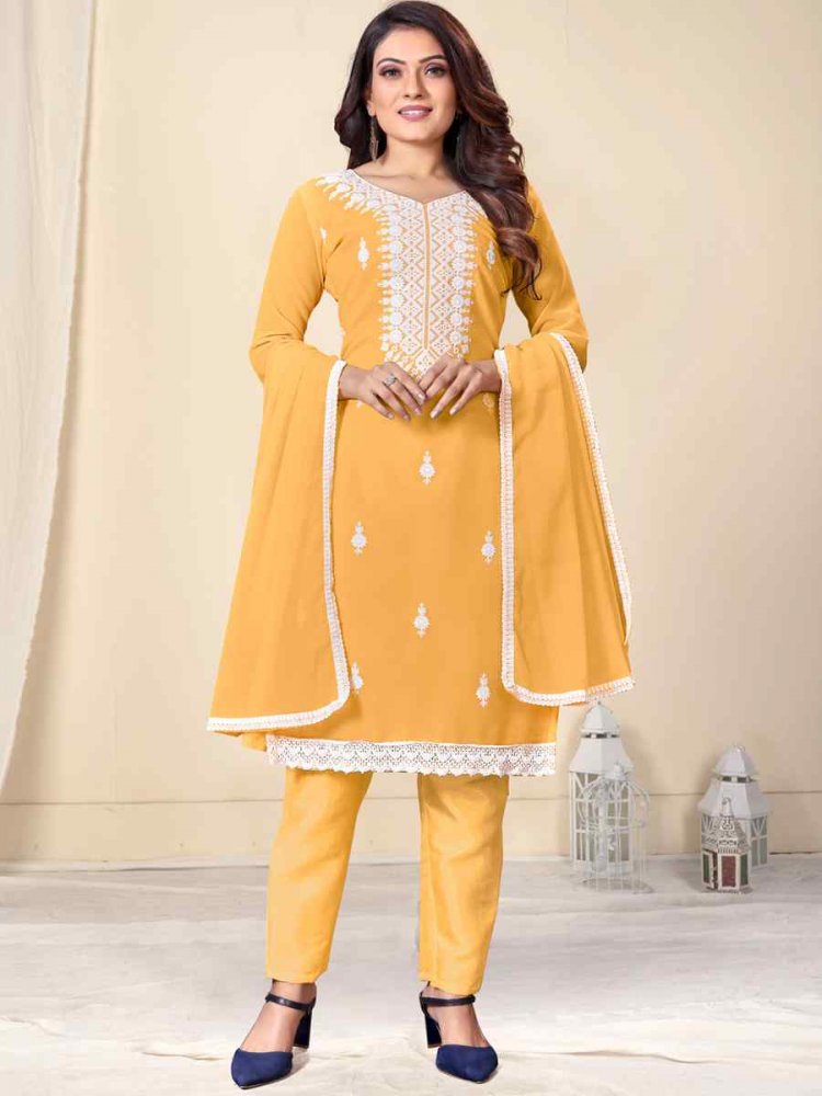 Light Yellow Faux Georgette Embroidered Casual Festival Pant Salwar Kameez