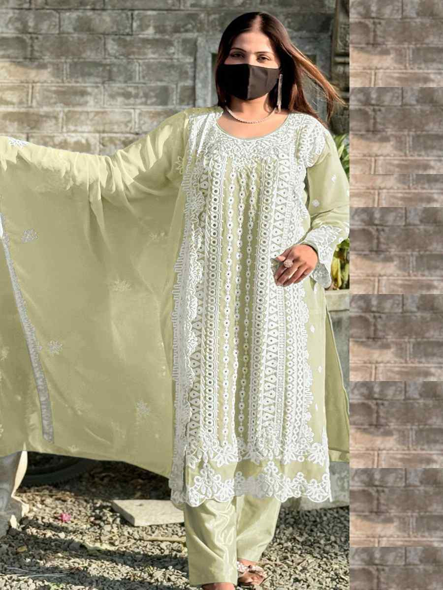 Light Yellow Faux Georgette Embroidered Festival Wedding Pant Salwar Kameez