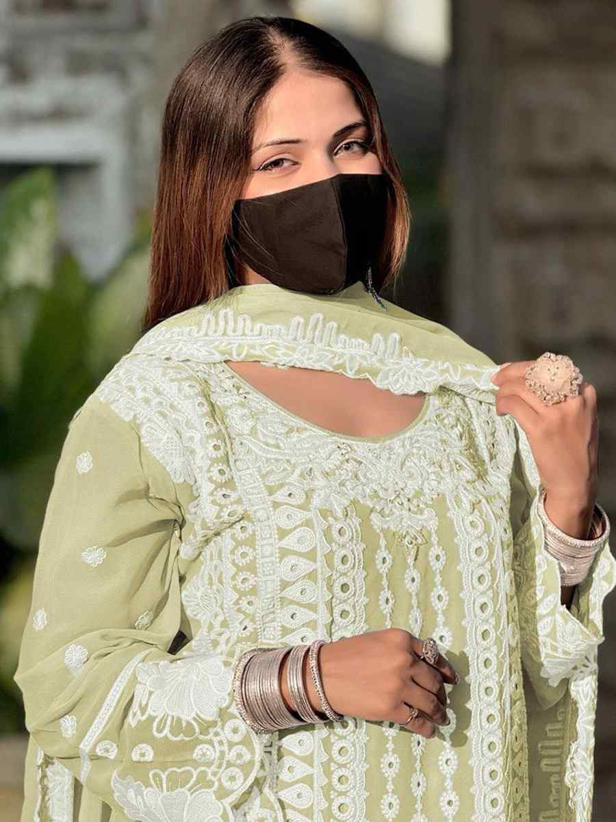 Light Yellow Faux Georgette Embroidered Festival Wedding Pant Salwar Kameez