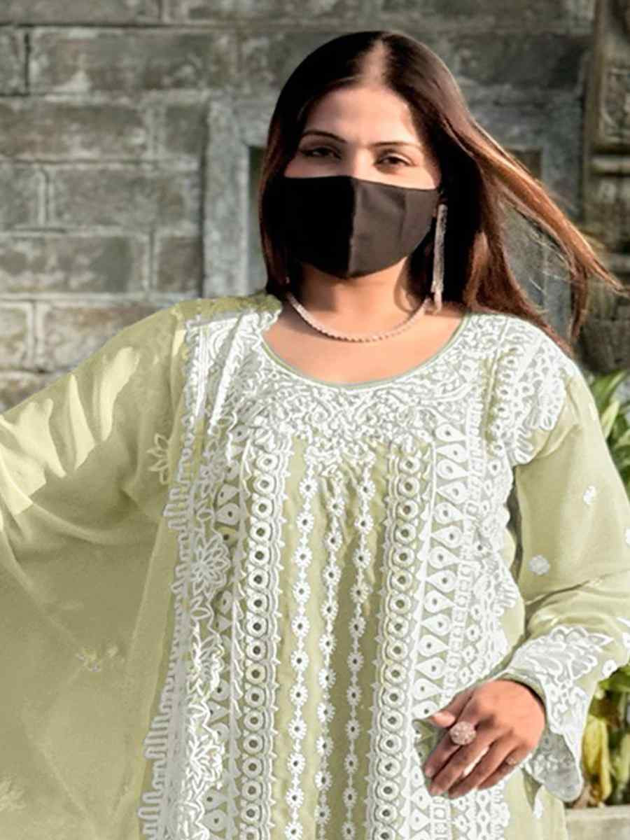 Light Yellow Faux Georgette Embroidered Festival Wedding Pant Salwar Kameez