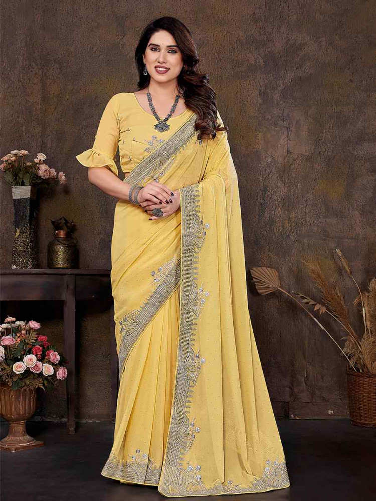 Light Yellow Georgette Embroidered Festival Wedding Fancy Heavy Border Saree