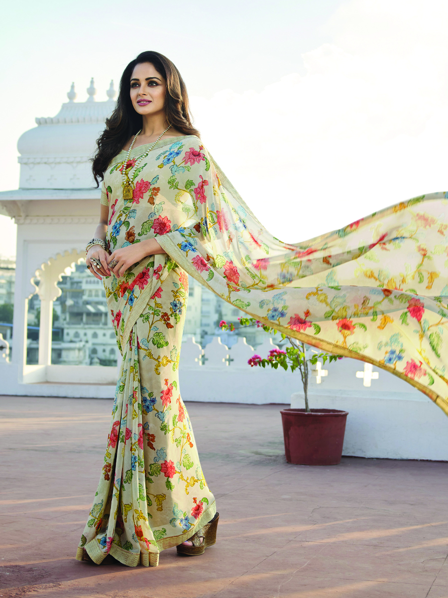 Light Yellow Georgette Printed Casual Festival Contemporary Saree
