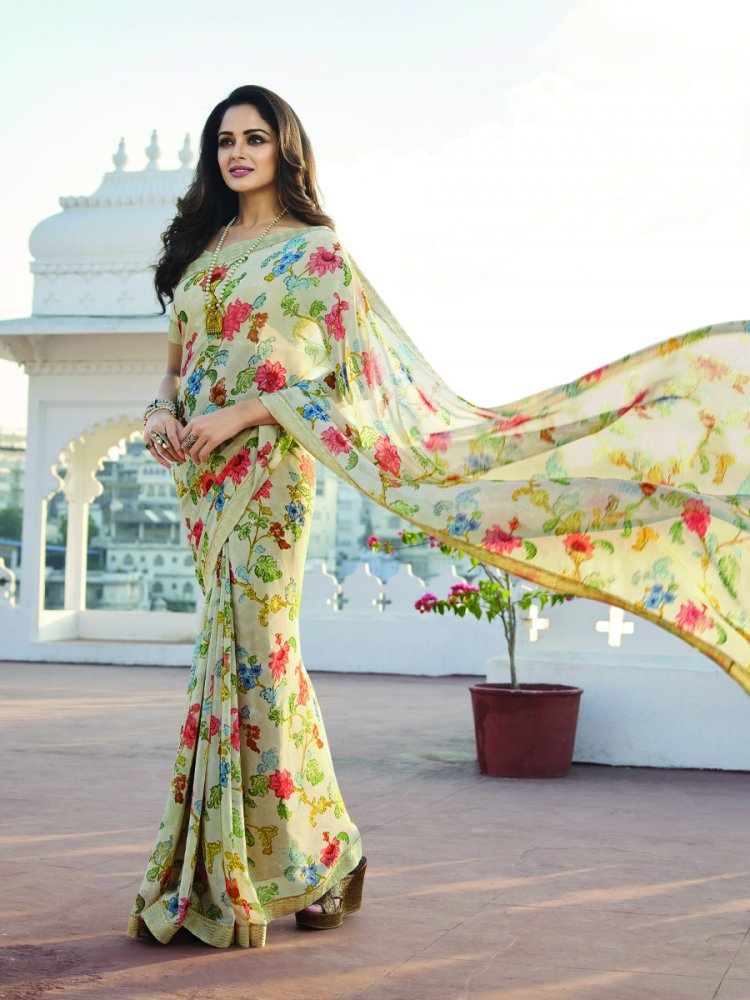 Light Yellow Georgette Printed Casual Festival Contemporary Saree