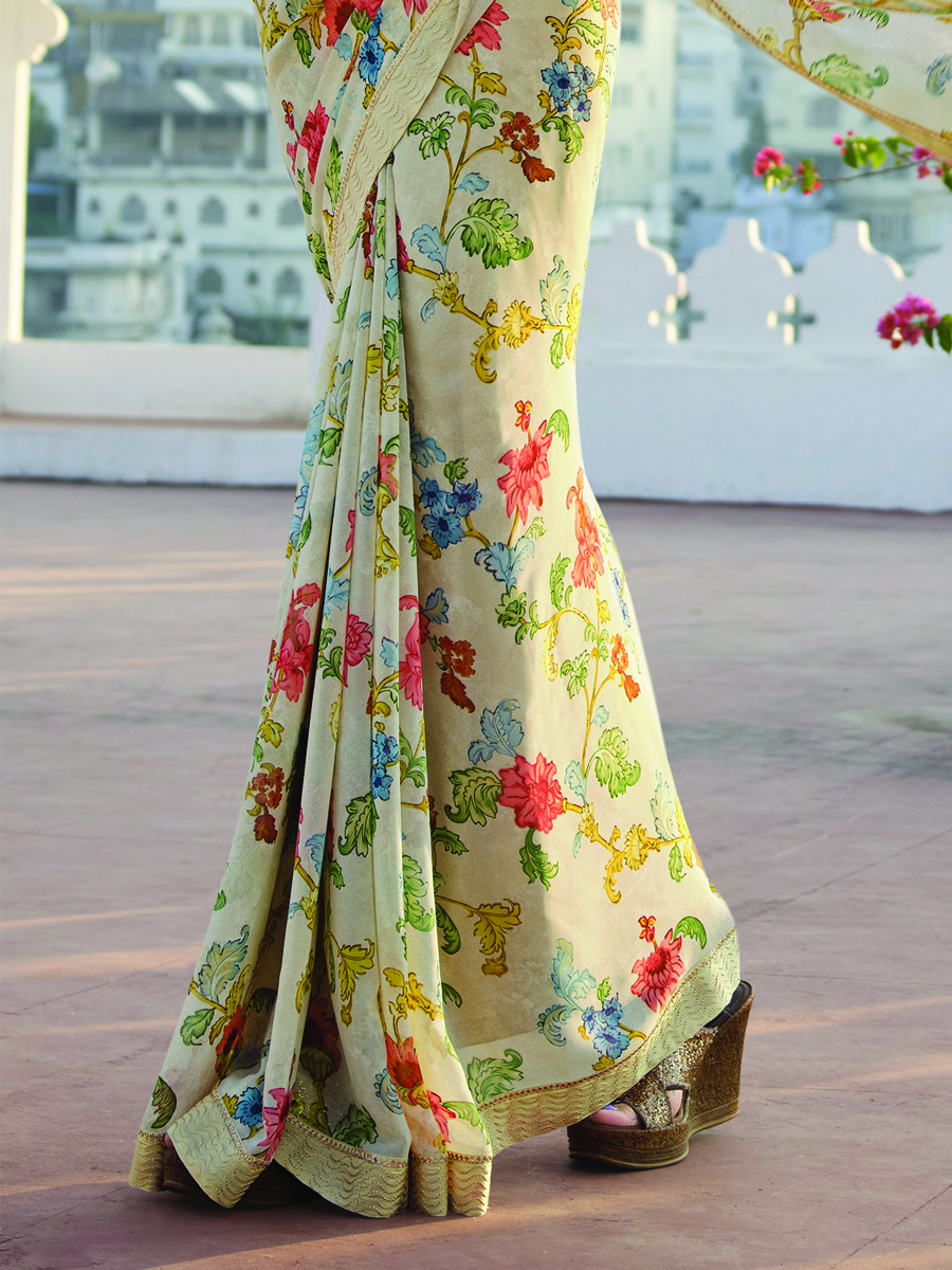 Light Yellow Georgette Printed Casual Festival Contemporary Saree