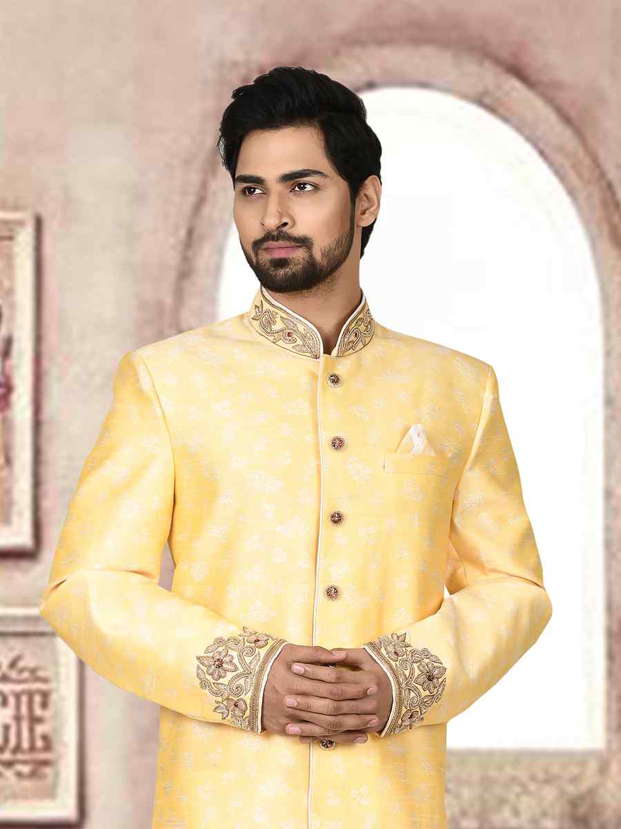 Light yellow Jacquard Embroidered Groom Wedding Sherwani
