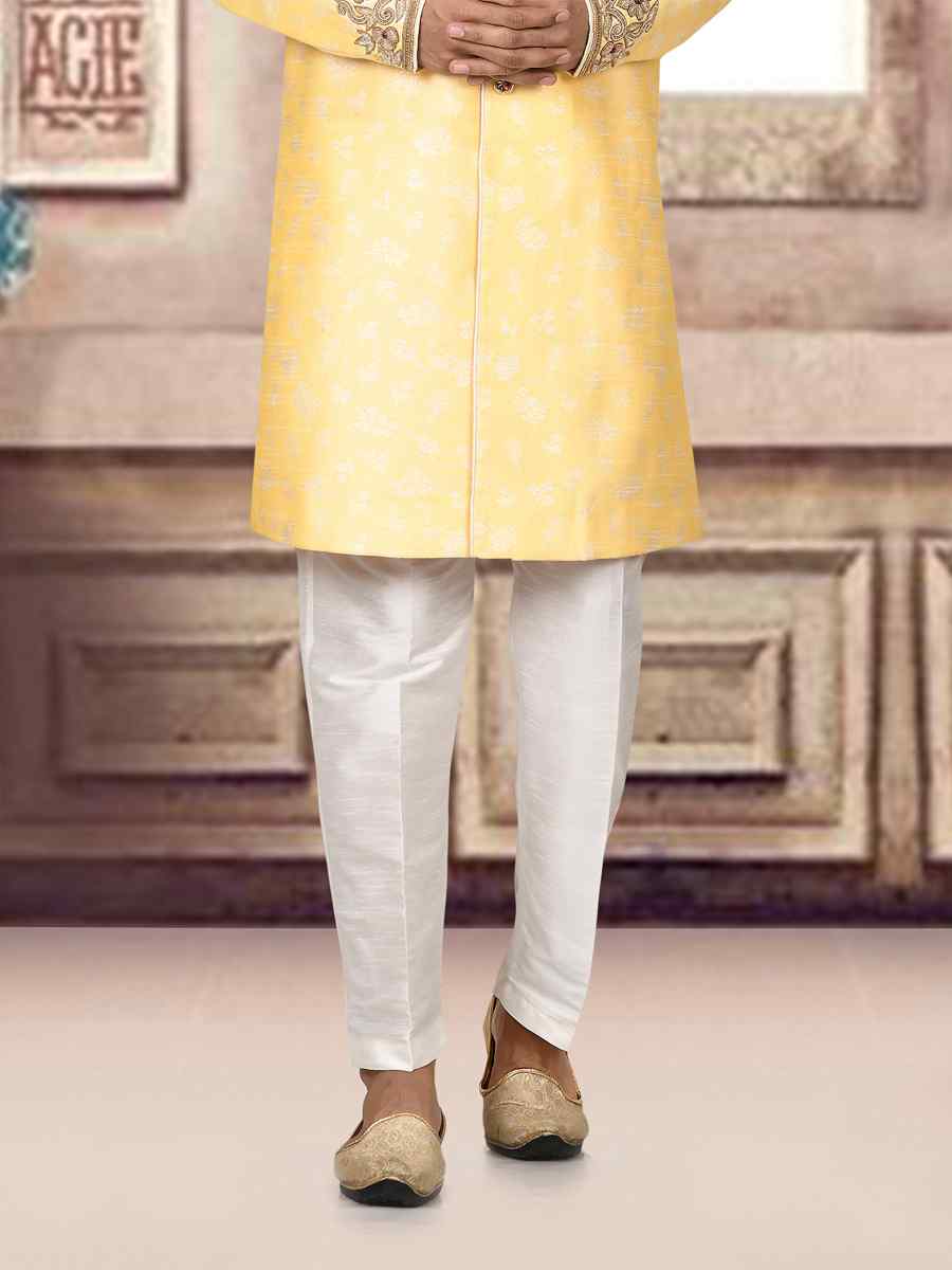 Light yellow Jacquard Embroidered Groom Wedding Sherwani