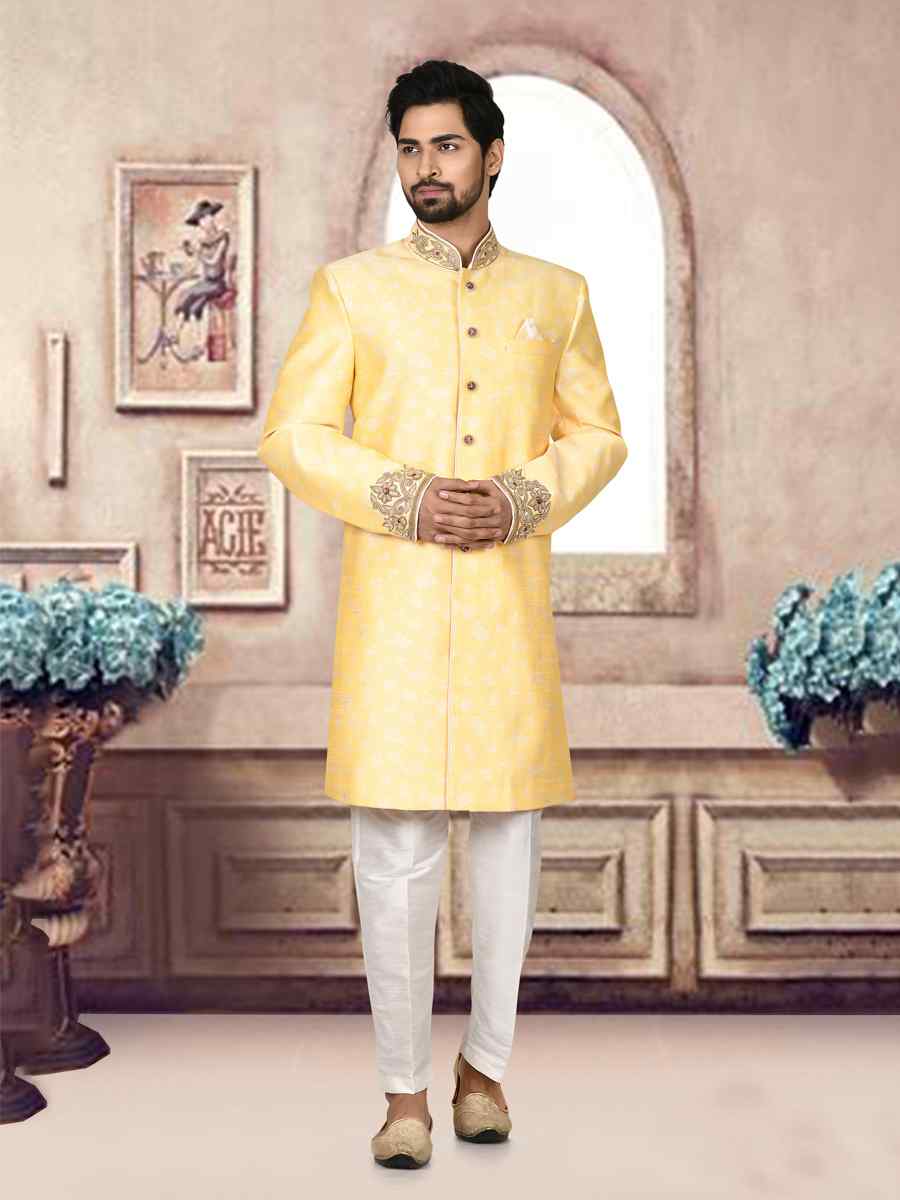 Light yellow Jacquard Embroidered Groom Wedding Sherwani