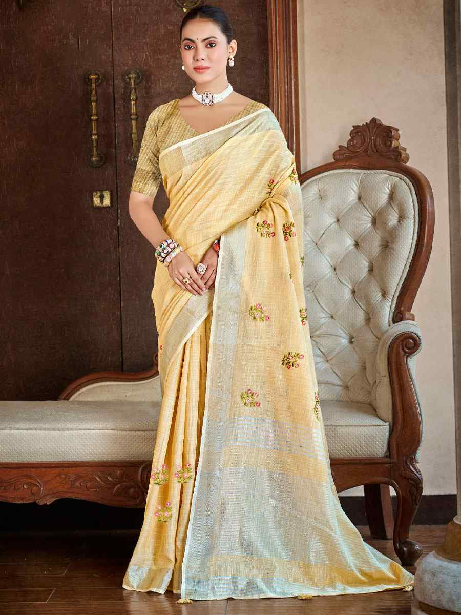 Light Yellow Linen Embroidery Handwoven Casual Festival Party Classic Style Sarees