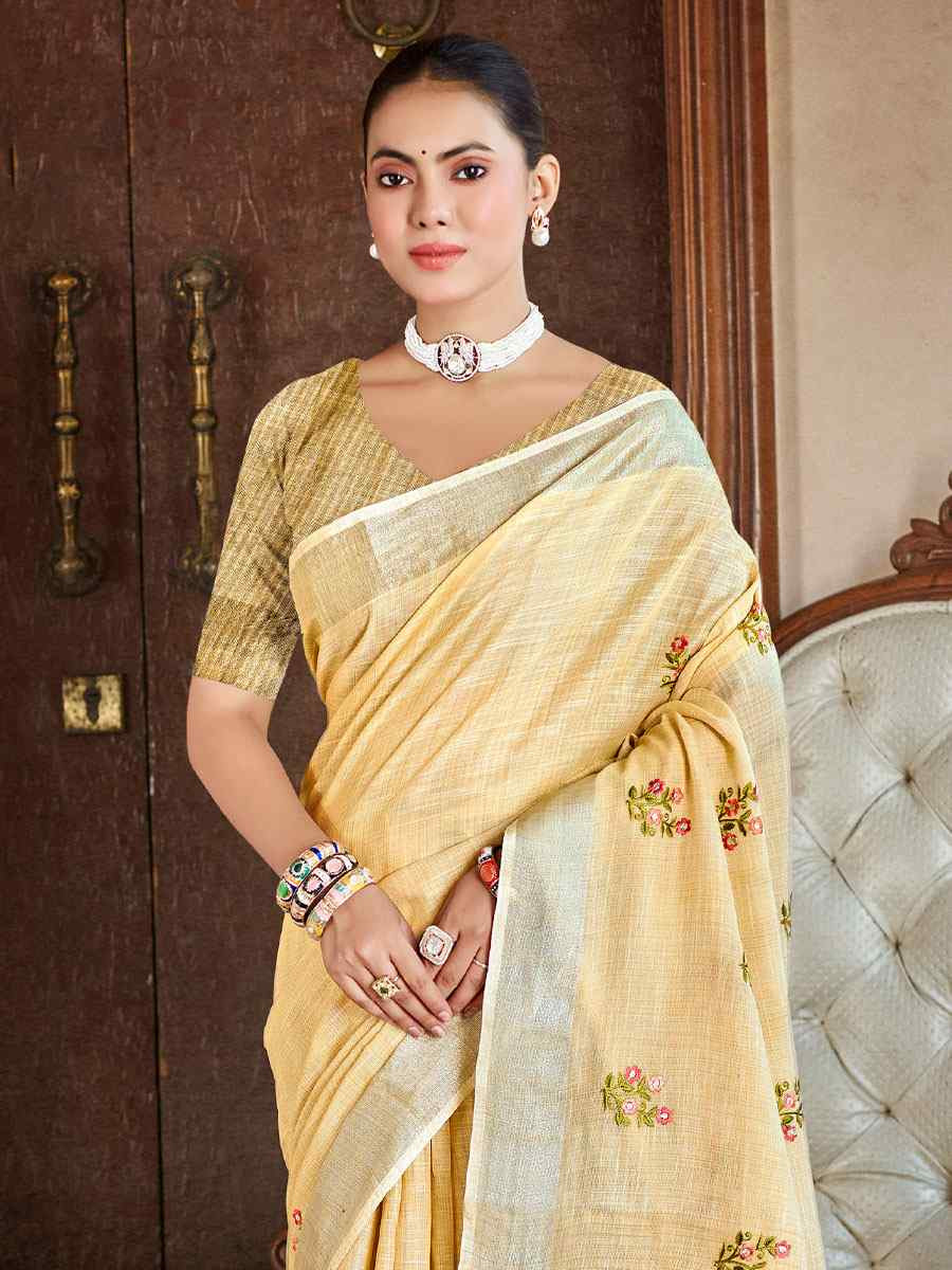 Light Yellow Linen Embroidery Handwoven Casual Festival Party Classic Style Sarees