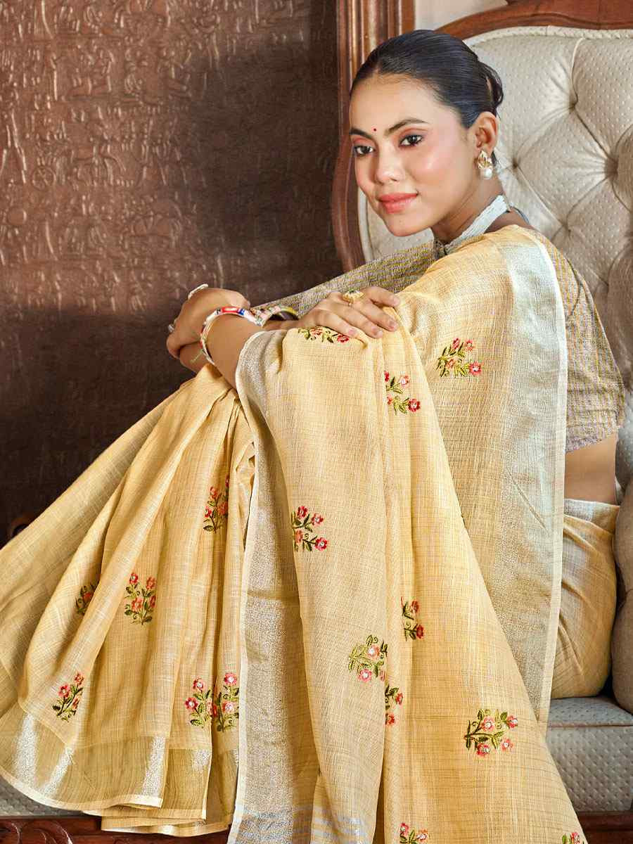 Light Yellow Linen Embroidery Handwoven Casual Festival Party Classic Style Sarees