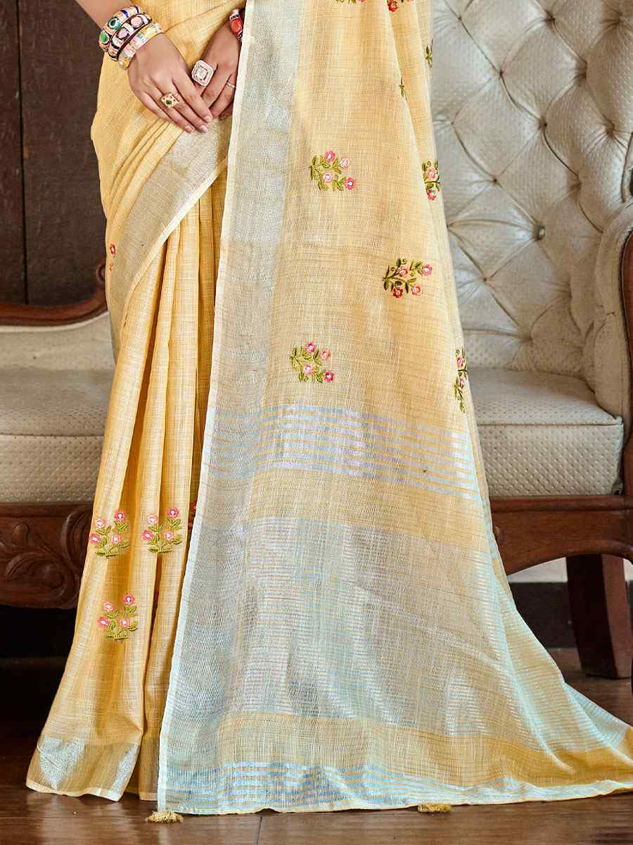 Light Yellow Linen Embroidery Handwoven Casual Festival Party Classic Style Sarees