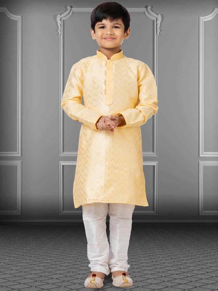 Light Yellow Linen Silk Embroidered Festival Kurta Pyjama Boys Wear