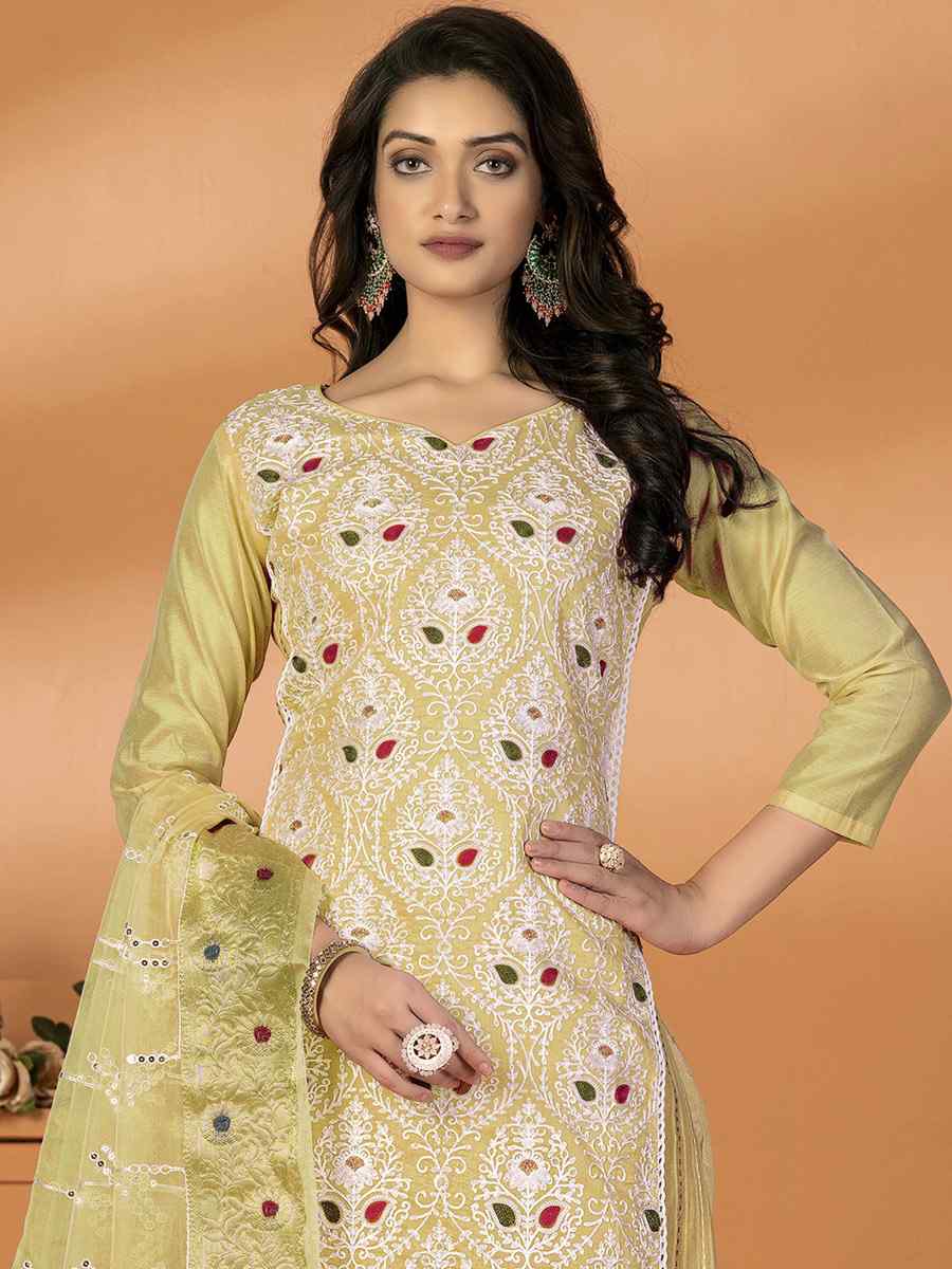 Light Yellow Modal Silk Embroidered Casual Festival Pant Salwar Kameez