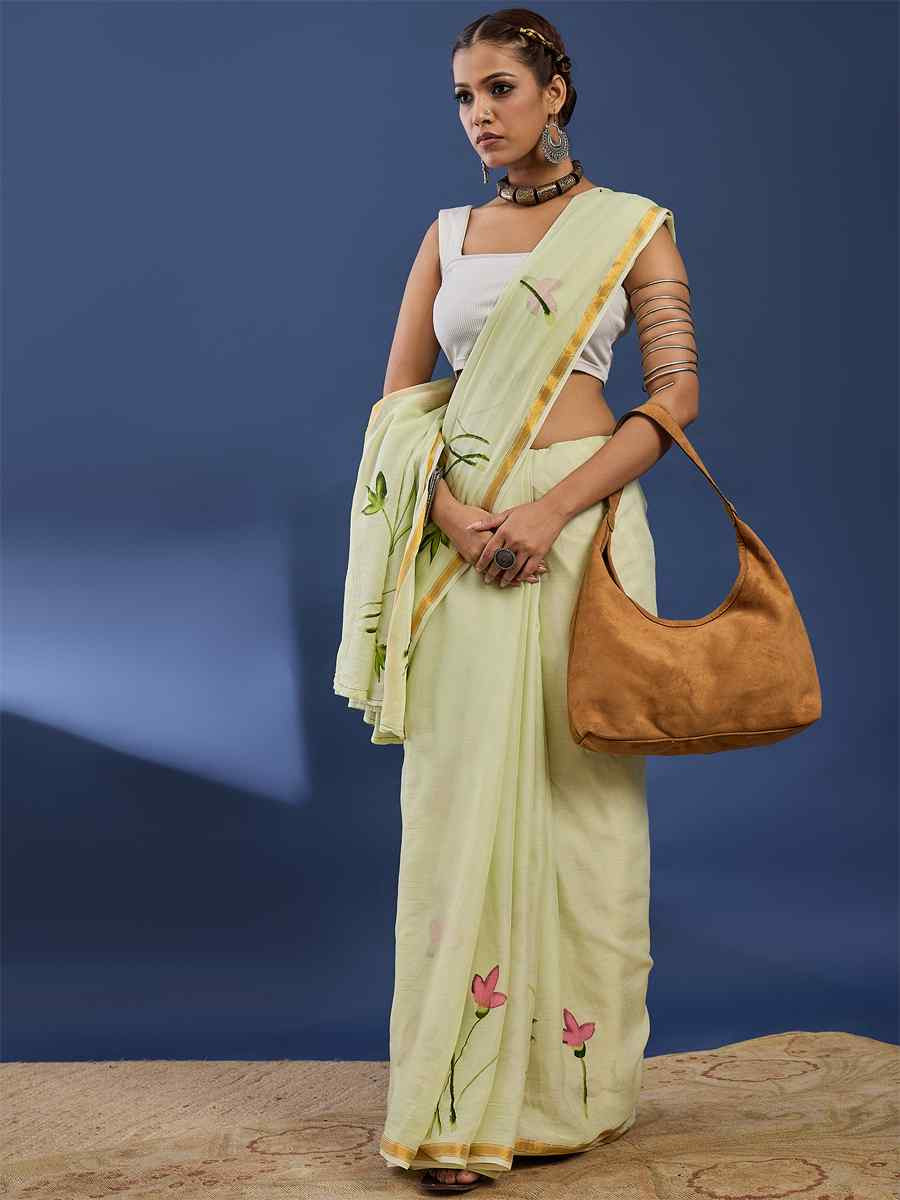 Light Yellow Mulmul Cotton Printed Traditional Casual Reception Festival Fastive Fancy Classic Style Sarees