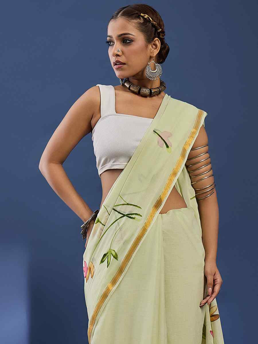 Light Yellow Mulmul Cotton Printed Traditional Casual Reception Festival Fastive Fancy Classic Style Sarees