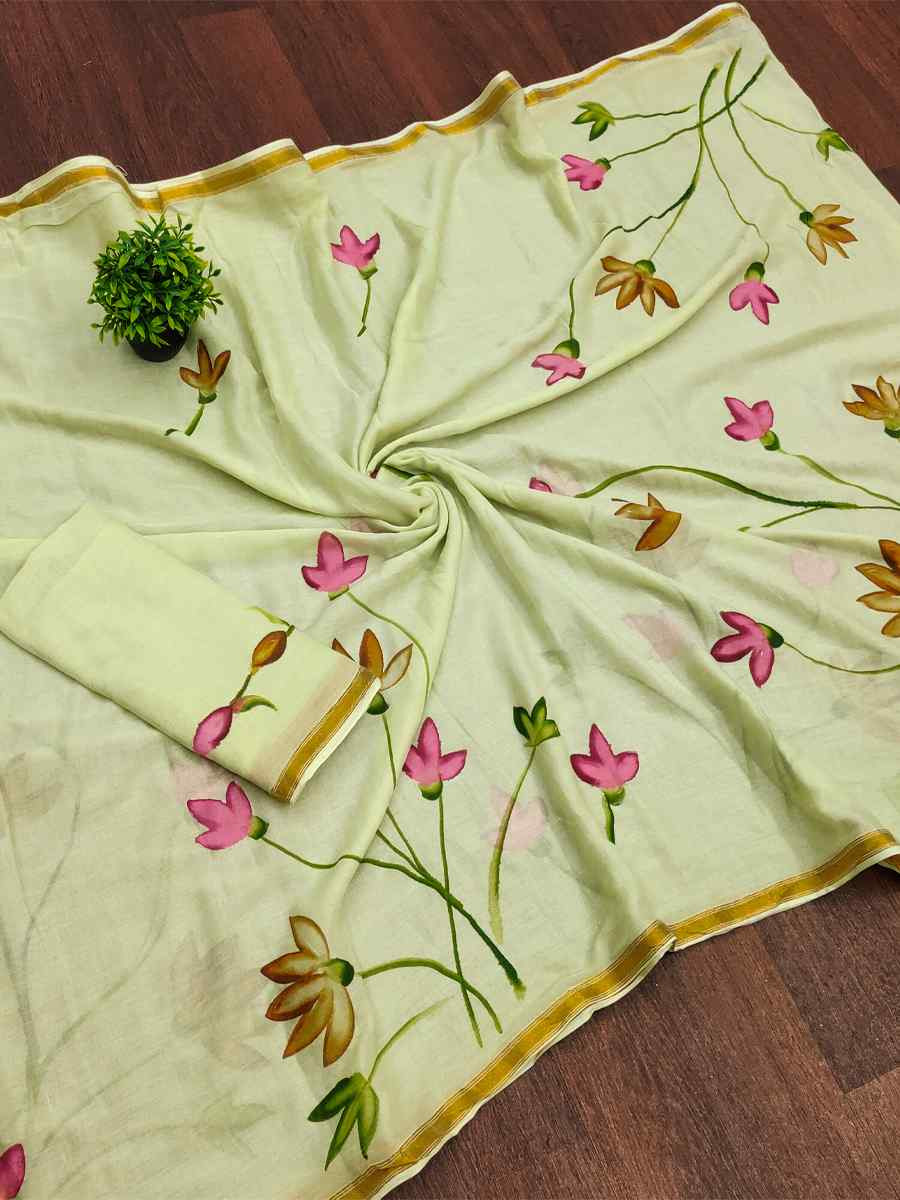 Light Yellow Mulmul Cotton Printed Traditional Casual Reception Festival Fastive Fancy Classic Style Sarees