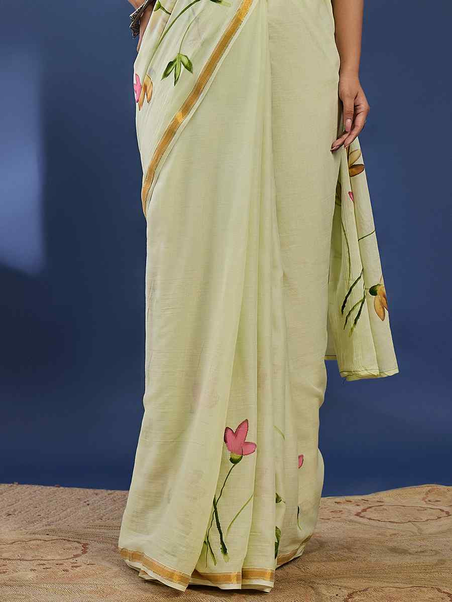 Light Yellow Mulmul Cotton Printed Traditional Casual Reception Festival Fastive Fancy Classic Style Sarees