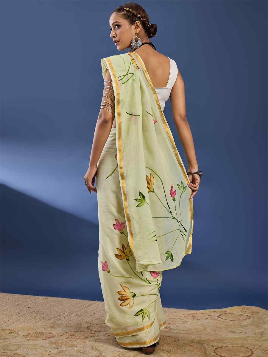 Light Yellow Mulmul Cotton Printed Traditional Casual Reception Festival Fastive Fancy Classic Style Sarees