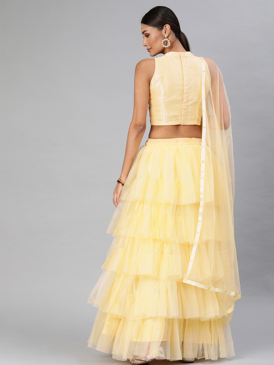 Light Yellow Net Embroidered Party Wear Wedding Circular Lehenga Choli