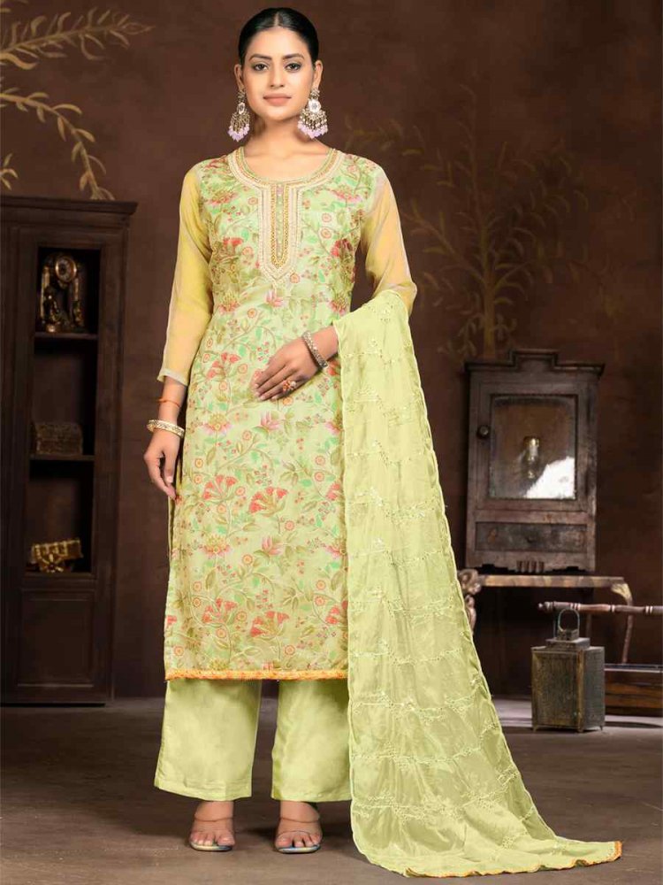Light Yellow Organza Embroidered Casual Festival Pant Salwar Kameez