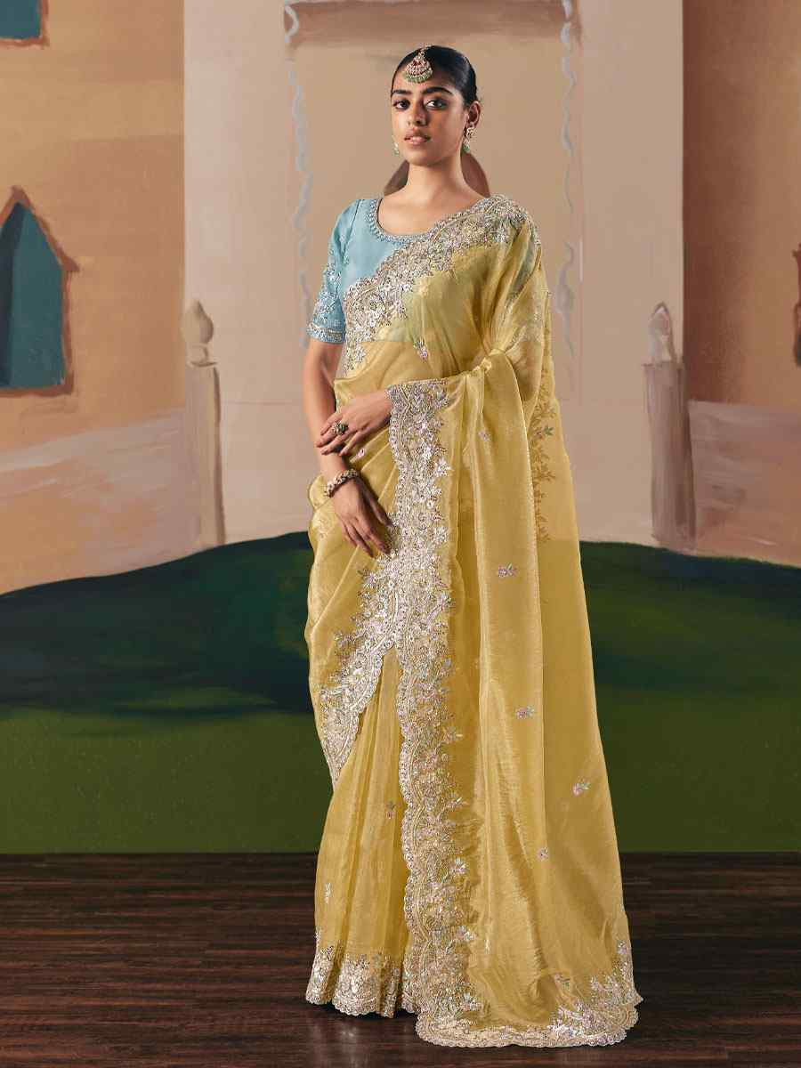 Light Yellow Premium Fancy Silk Embroidery Bridal Reception Festival Wedding Fancy Heavy Border Saree