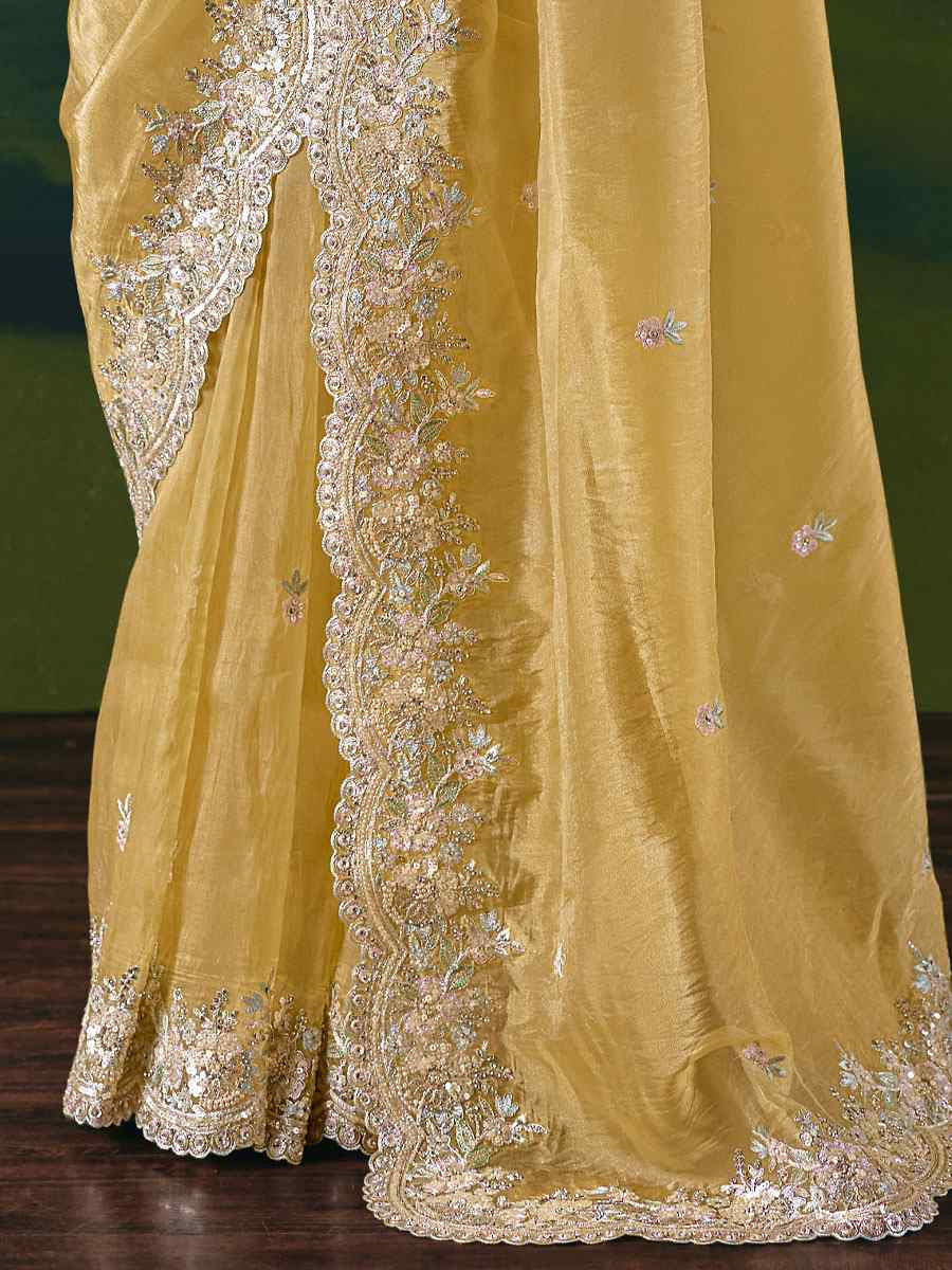 Light Yellow Premium Fancy Silk Embroidery Bridal Reception Festival Wedding Fancy Heavy Border Saree