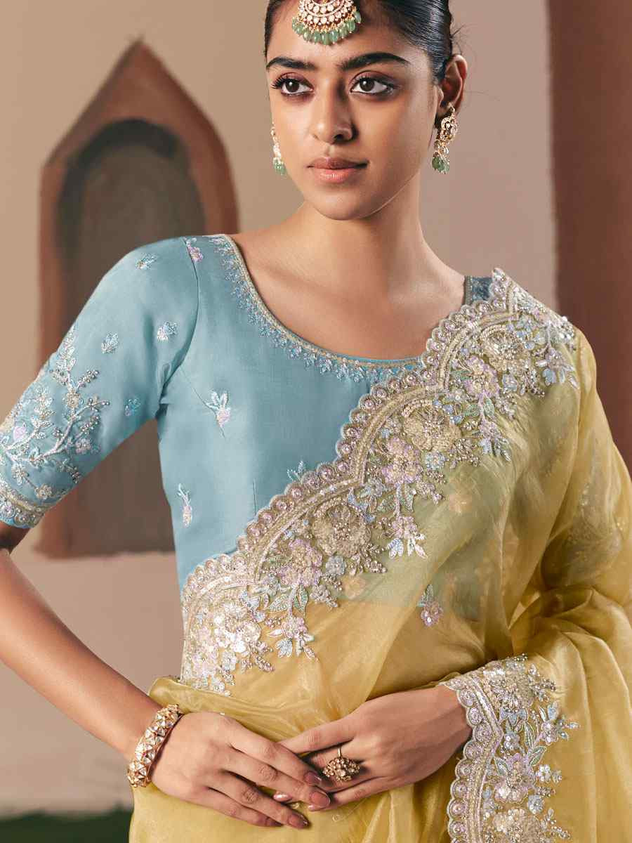 Light Yellow Premium Fancy Silk Embroidery Bridal Reception Festival Wedding Fancy Heavy Border Saree