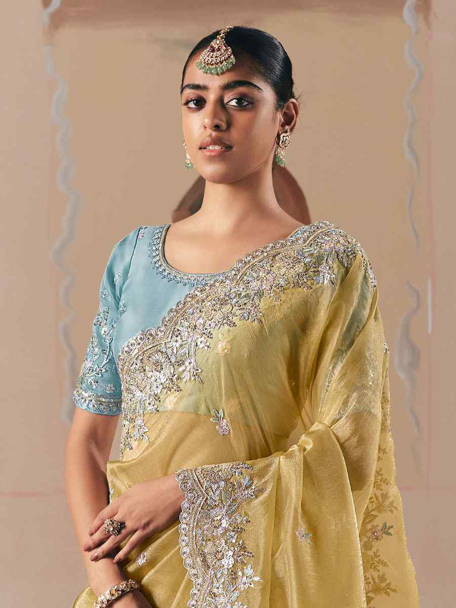 Light Yellow Premium Fancy Silk Embroidery Bridal Reception Festival Wedding Fancy Heavy Border Saree