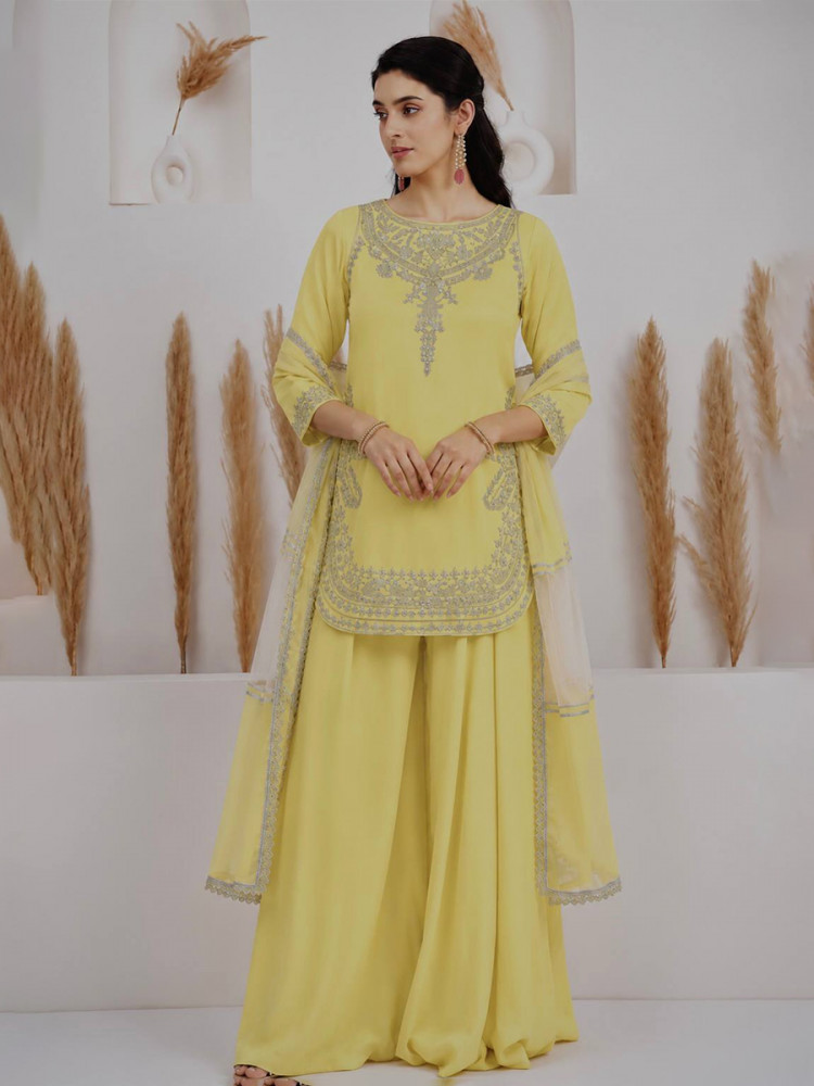 Image of Light Yellow Pure Natural Crepe Silk Embroidery Sequins Wedding Party Festival Casual Ready Palazzo Pant Salwar Kameez