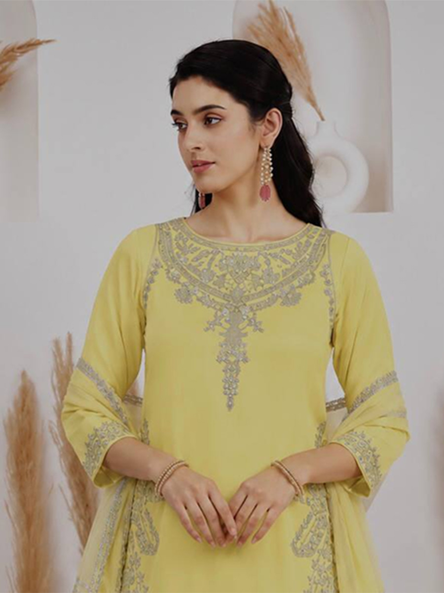 Light Yellow Pure Natural Crepe Silk Embroidery Sequins Wedding Party Festival Casual Ready Palazzo Pant Salwar Kameez