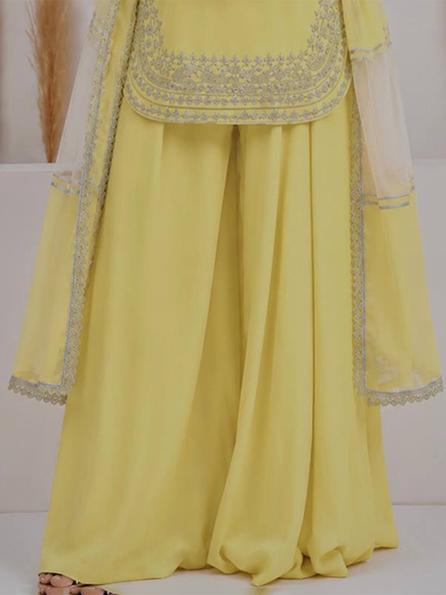 Light Yellow Pure Natural Crepe Silk Embroidery Sequins Wedding Party Festival Casual Ready Palazzo Pant Salwar Kameez
