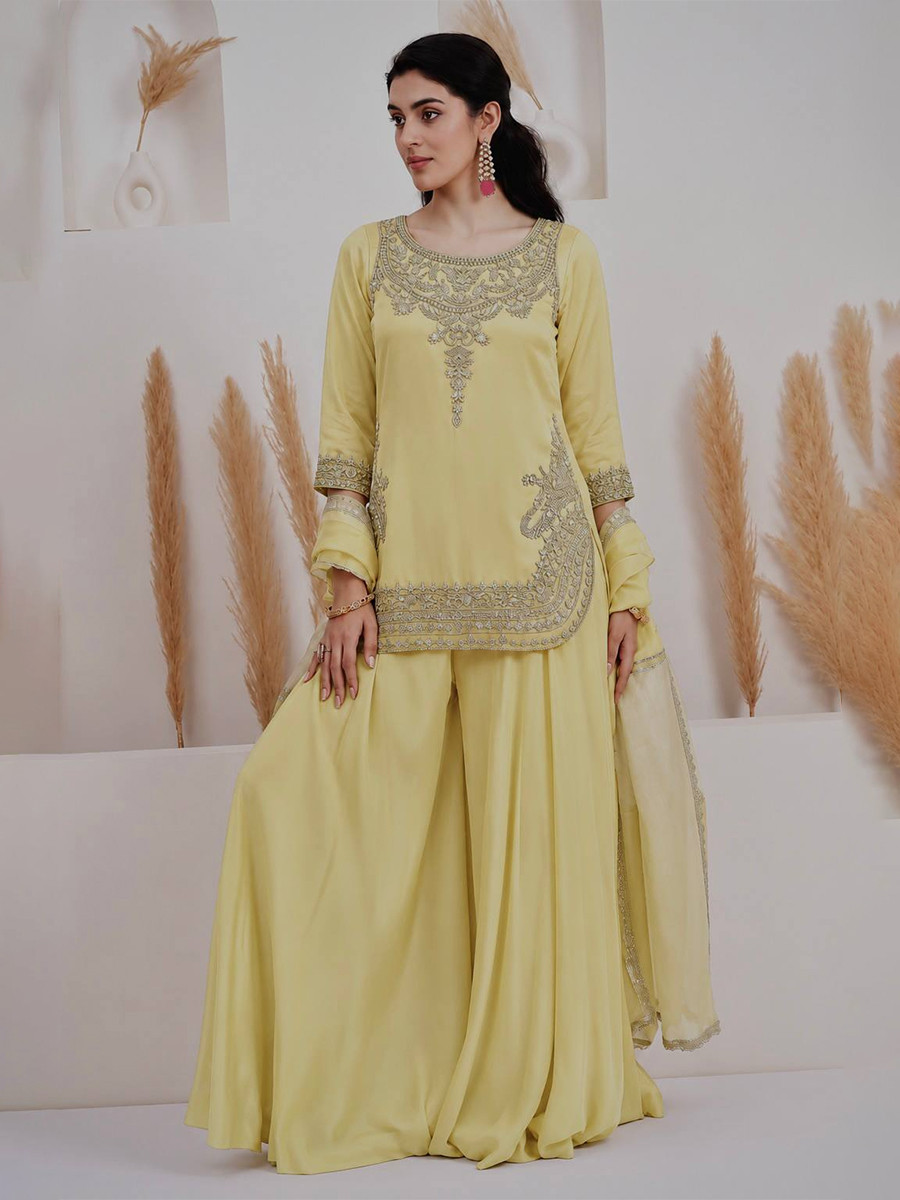 Light Yellow Pure Natural Crepe Silk Embroidery Sequins Wedding Party Festival Casual Ready Palazzo Pant Salwar Kameez