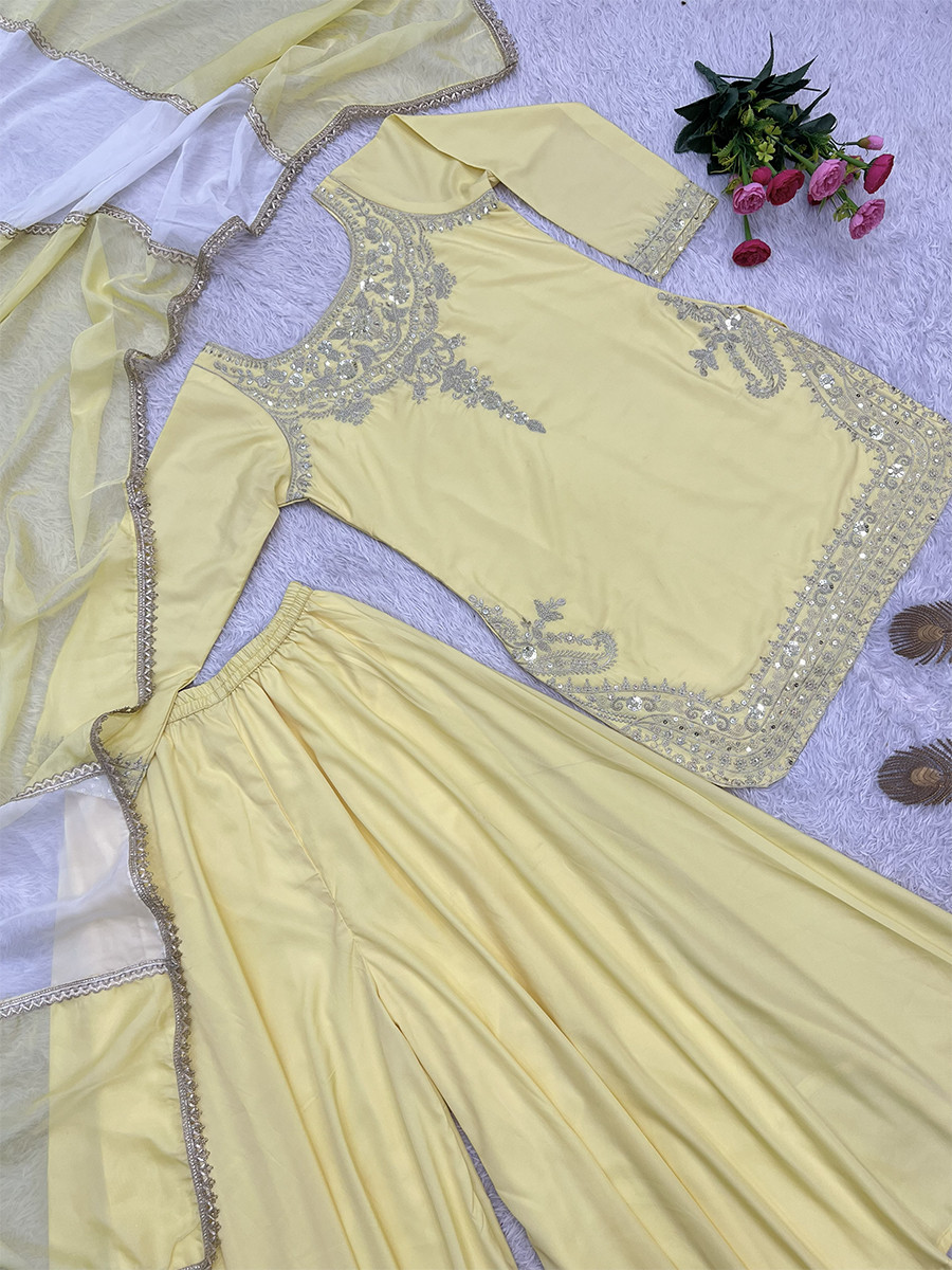 Light Yellow Pure Natural Crepe Silk Embroidery Sequins Wedding Party Festival Casual Ready Palazzo Pant Salwar Kameez