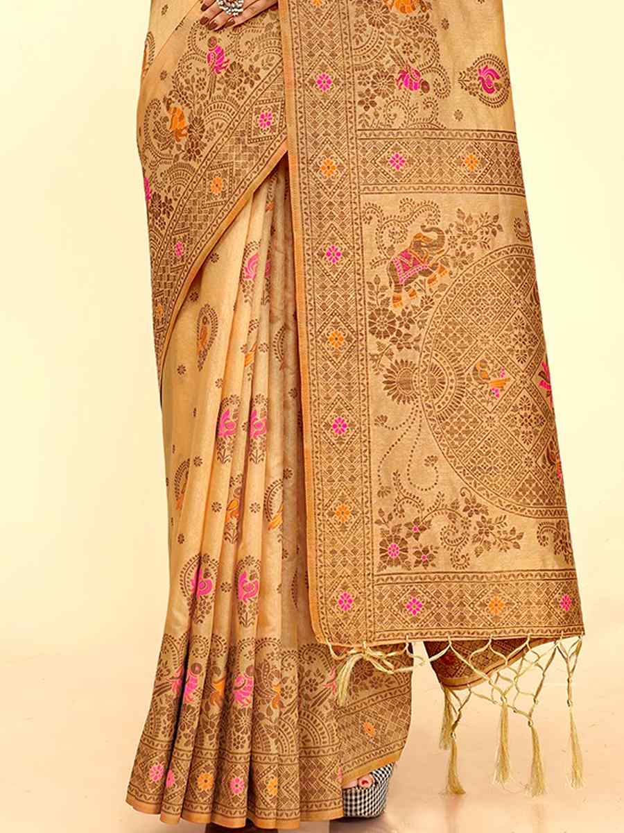 Light Yellow Raw Silk Handwoven Wedding Festival Heavy Border Saree