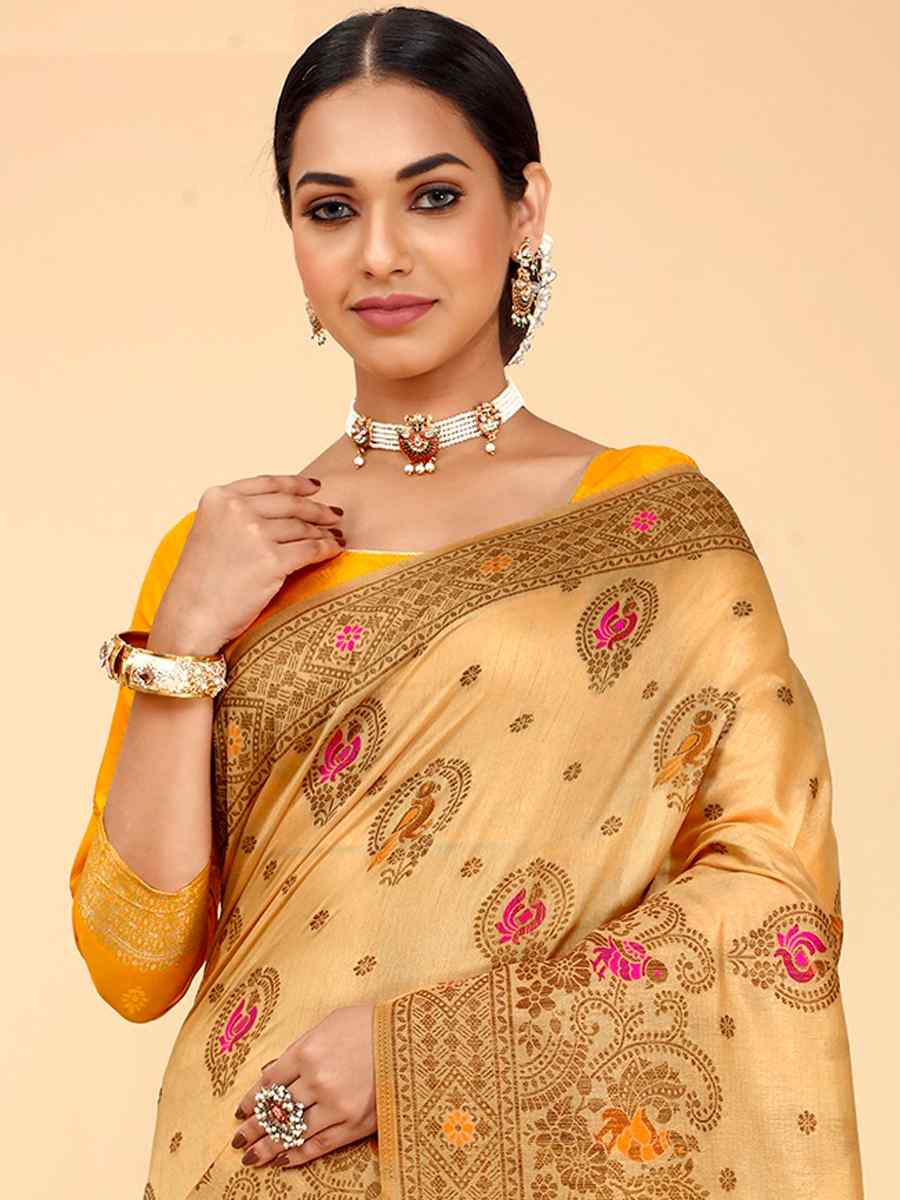 Light Yellow Raw Silk Handwoven Wedding Festival Heavy Border Saree