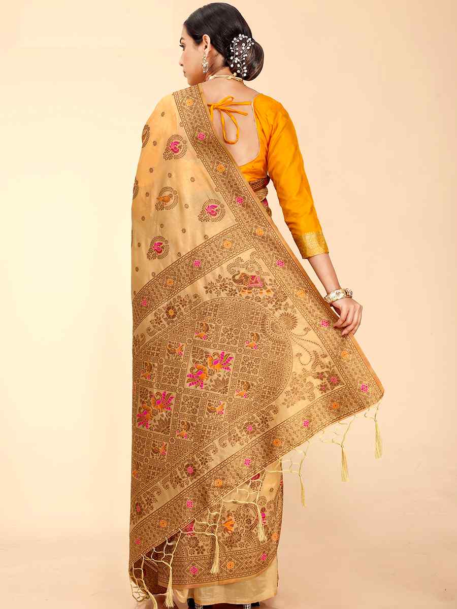Light Yellow Raw Silk Handwoven Wedding Festival Heavy Border Saree