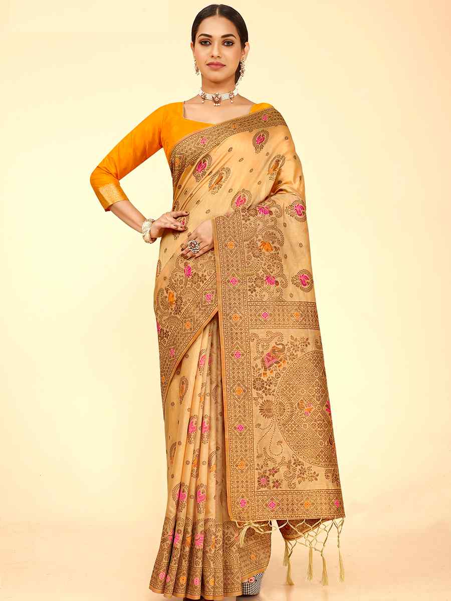 Light Yellow Raw Silk Handwoven Wedding Festival Heavy Border Saree
