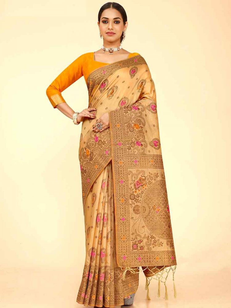 Light Yellow Raw Silk Handwoven Wedding Festival Heavy Border Saree