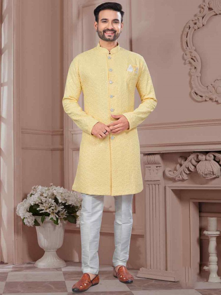Light Yellow Silk Dupion Embroidered Festival Wedding Sherwani