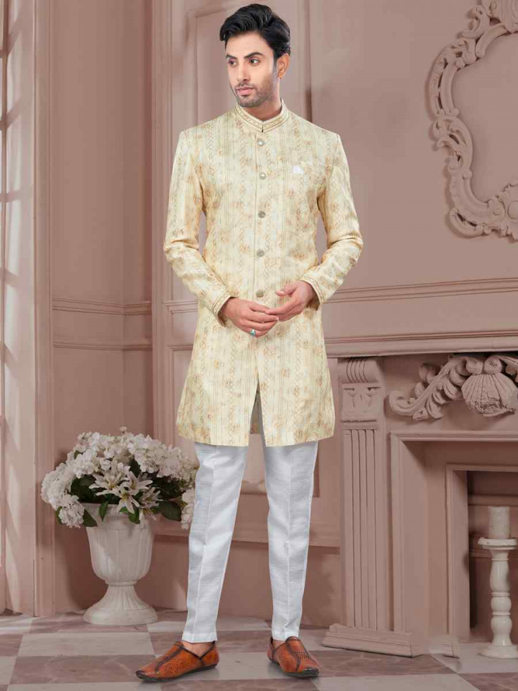 Light Yellow Silk Dupion Embroidered Festival Wedding Sherwani