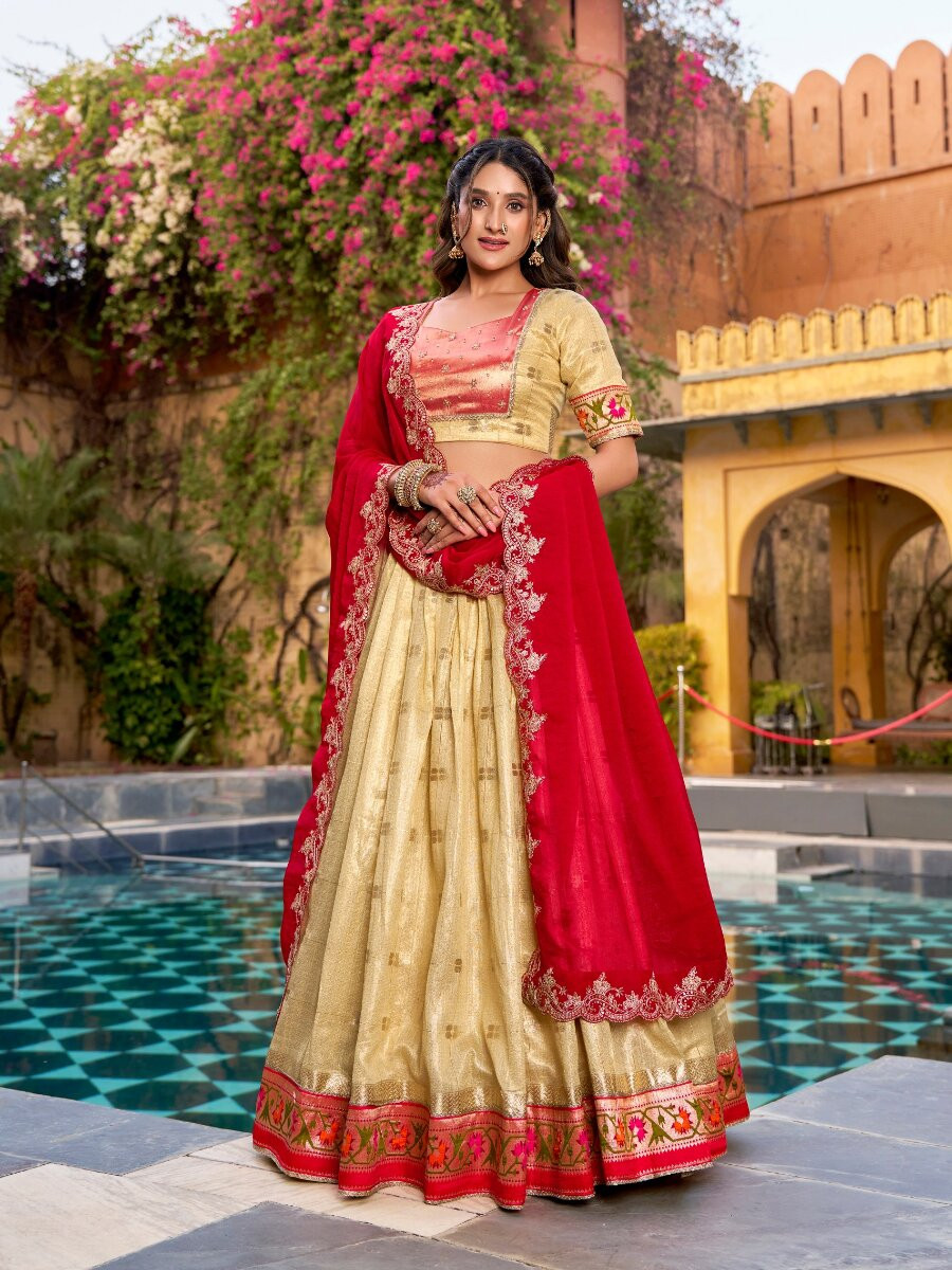 Light Yellow Slub Kota Silk Zari Weaving Work With Paithani Jacquard Border Wedding Reception Party Festival Heavy Border Lehenga Choli