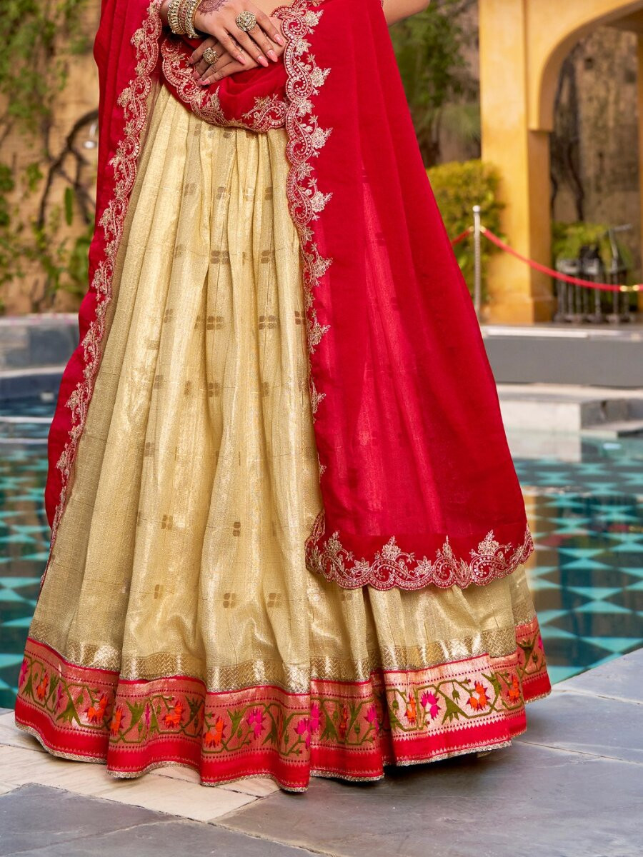 Light Yellow Slub Kota Silk Zari Weaving Work With Paithani Jacquard Border Wedding Reception Party Festival Heavy Border Lehenga Choli